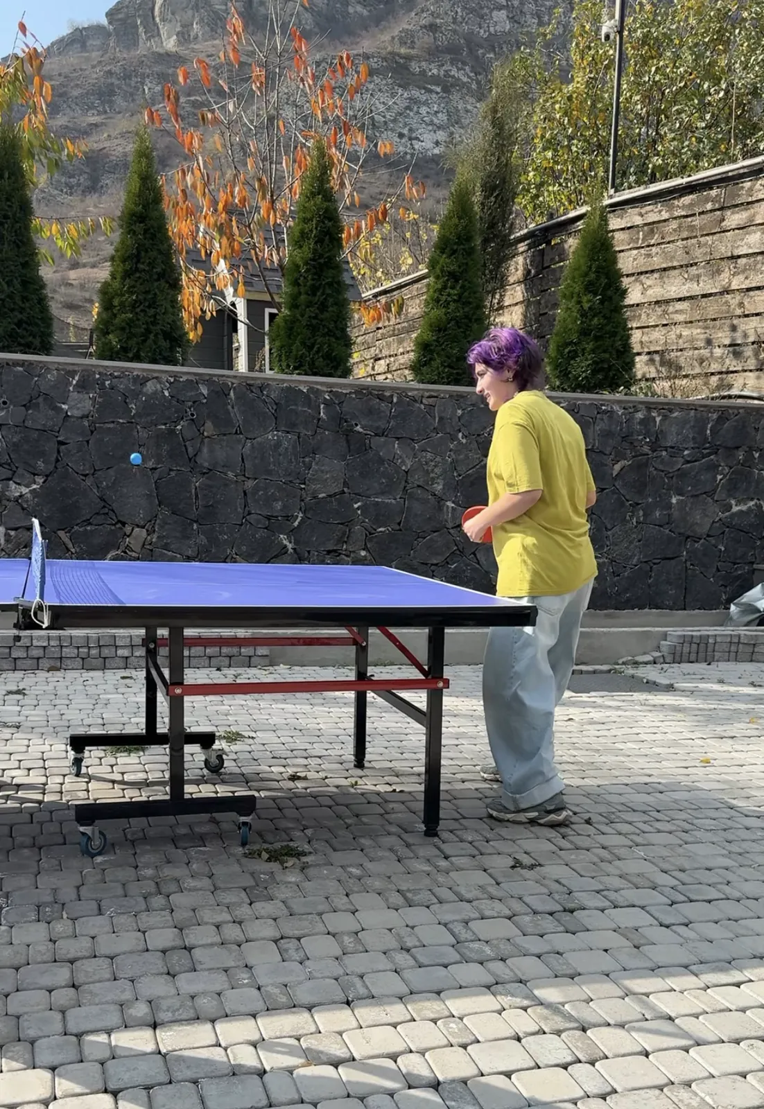 A game of table tennis in the courtyard by a stone wall and autumn trees